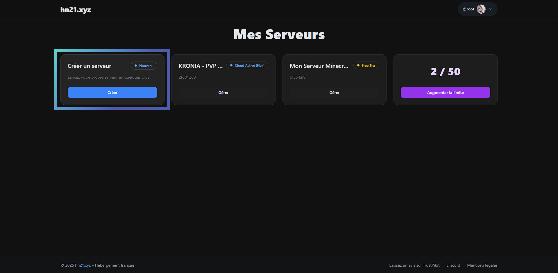 Interface de création d'un serveur Minecraft sur hn21.xyz