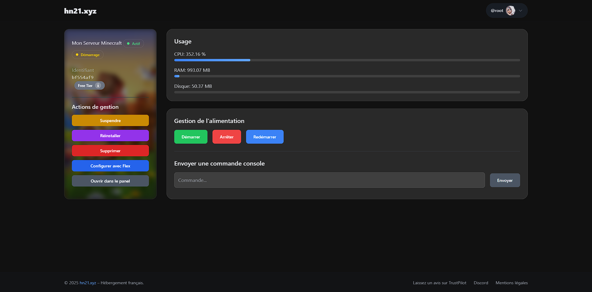 Tableau de bord affichant un serveur Minecraft prêt sur hn21.xyz